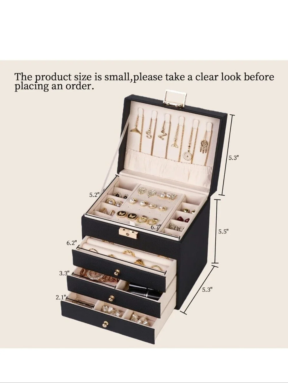 Black Jewelry Box with Cream Interior - Elegant Multi-Tier Organizer
